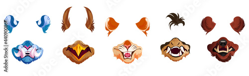Face filter with animal masks for selfie photo, video chat and social media content. Vector cartoon set of scary mouth with teeth and fangs and ears of bear, dog and boar for mobile phone application