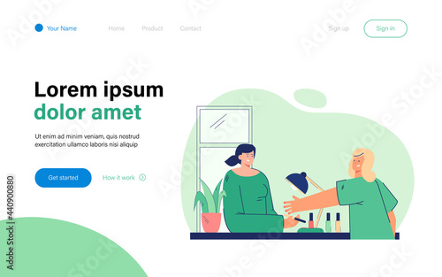 Woman doing manicure vector illustration. Young female character doing manicure in salon. Manicured nails. Woman hands. Beauty concept for banner, website design or landing web page