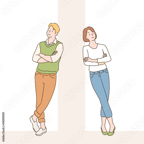 Two people are standing leaning against the wall. hand drawn style vector design illustrations.  photo