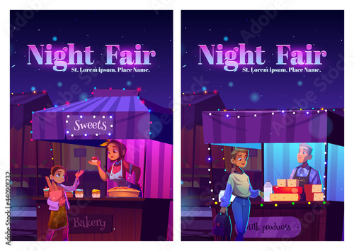 Night fair posters with food market on street. Vector flyers of festive marketplace with cartoon illustration of wooden stalls with bakery and milk products and vendors at counter