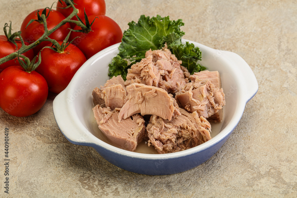 Canned tuna fillet in the bowl