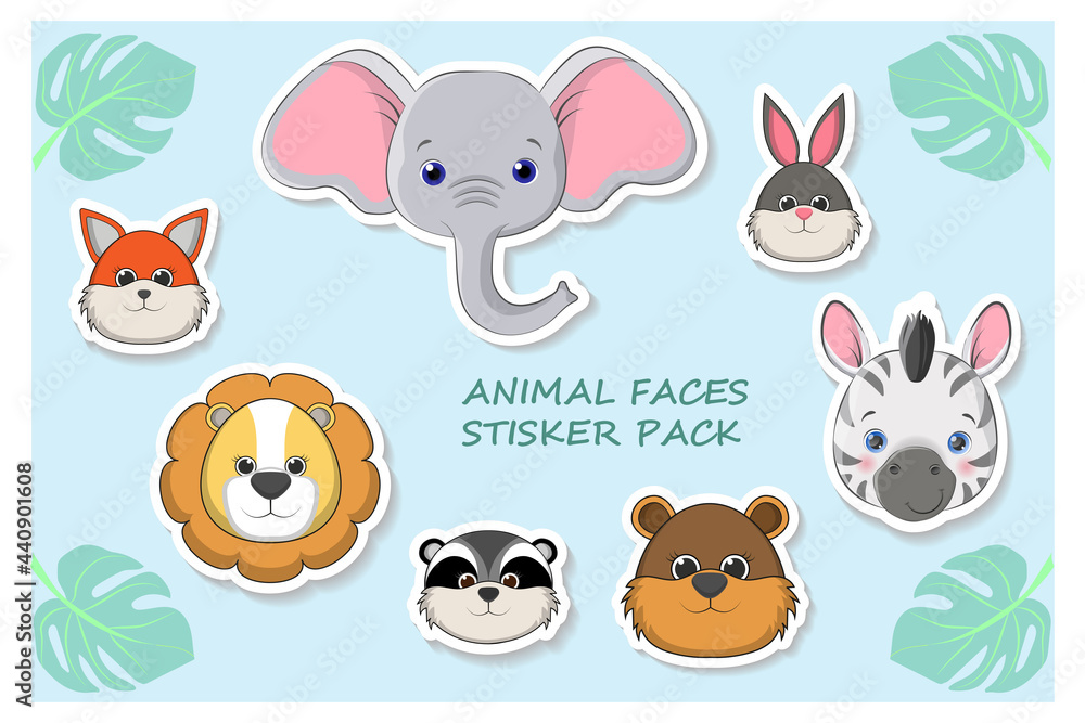 Vector set with animals faces in cartoon style. Vector collection with mammals stickers. EPS 10.