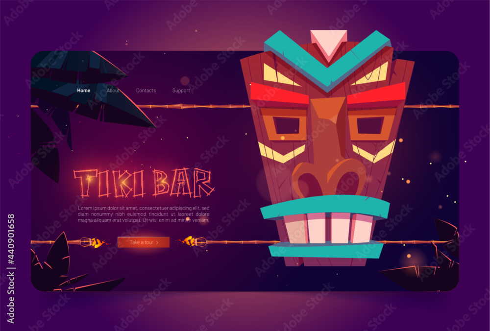 Tiki bar website with wooden tribal mask and burning torches on bamboo stick. Vector landing page of hawaiian beach cafe with cartoon illustration of polynesian totem and palm trees at night - obrazy, fototapety, plakaty 