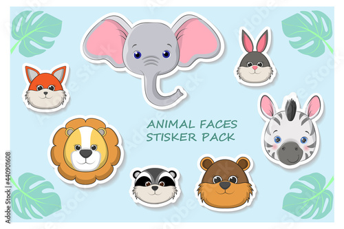 Vector set with animals faces in cartoon style. Vector collection with mammals stickers. EPS 10.