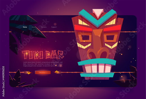 Tiki bar website with wooden tribal mask and burning torches on bamboo stick. Vector landing page of hawaiian beach cafe with cartoon illustration of polynesian totem and palm trees at night