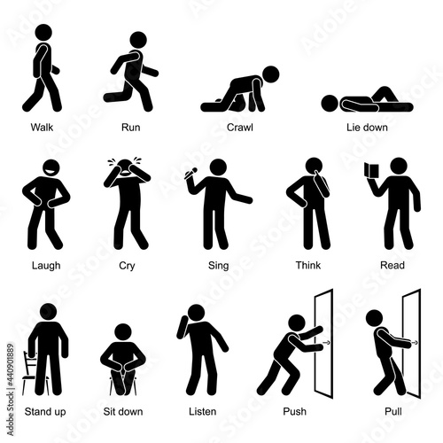 Action verbs stick figure man walking, running, crawling, lying down, laughing, crying, singing, thinking, reading, standing up, sitting down, listening, pushing, pulling vector icon set on white