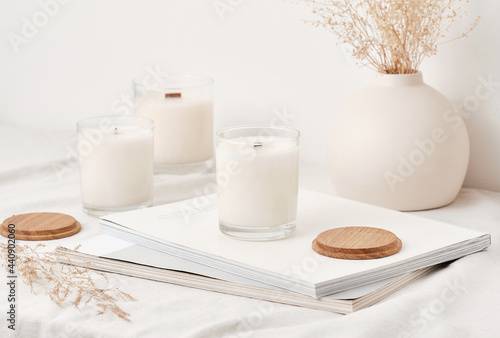 Fotografie, Obraz Handmade scented candles in a glass with a wooden lid