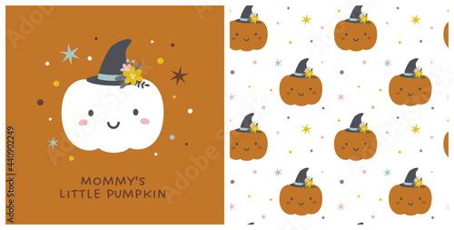 Graphic set of cartoon illustration and seamless pattern with cute pumpkin. For children's T-shirt print, textile, Halloween decoration, wrapping paper, etc.