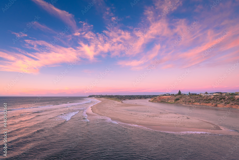 Southport Beach view from the lookout towards the Onkaparinga River mouth at sunset, South Australia Southport Beach view from the lookout towards the Onkaparinga River mouth at sunset, South Australia