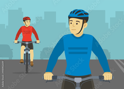 Professional cyclists. Close-up front view of cycling bike riders on the city road. Flat vector illustration template.