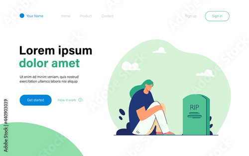 Girl mourning loss of loved one. Flat vector illustration. Cartoon woman sitting by gravestone in darkness and crying. Loss, grief, pain, death concept for banner design or landing page