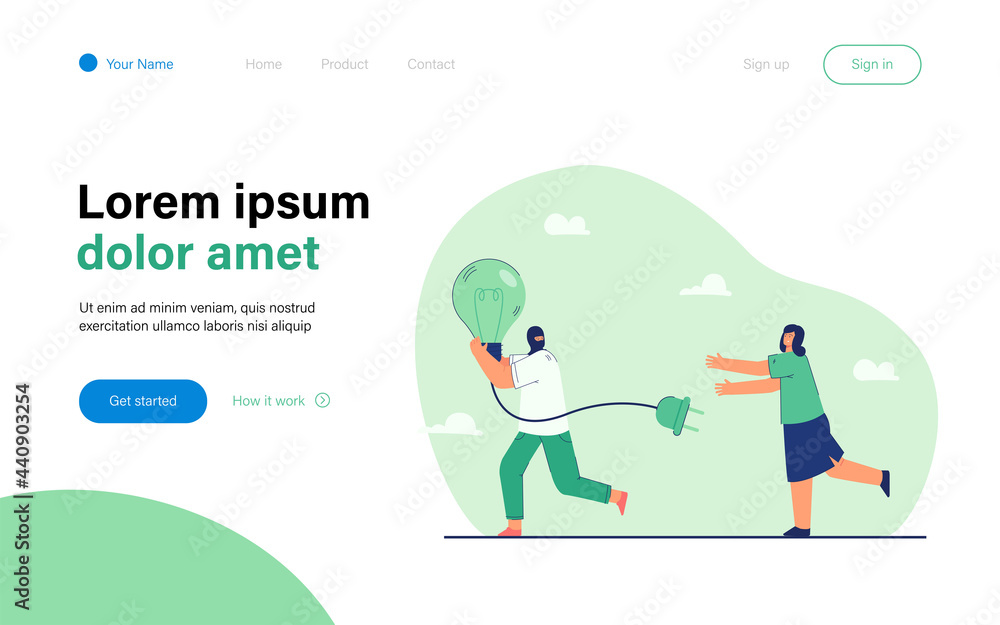 Man running away with stolen idea symbolized by light bulb. Man stealing light bulb from woman. Female character chasing thief in mask. Idea theft concept for banner, website design or landing page