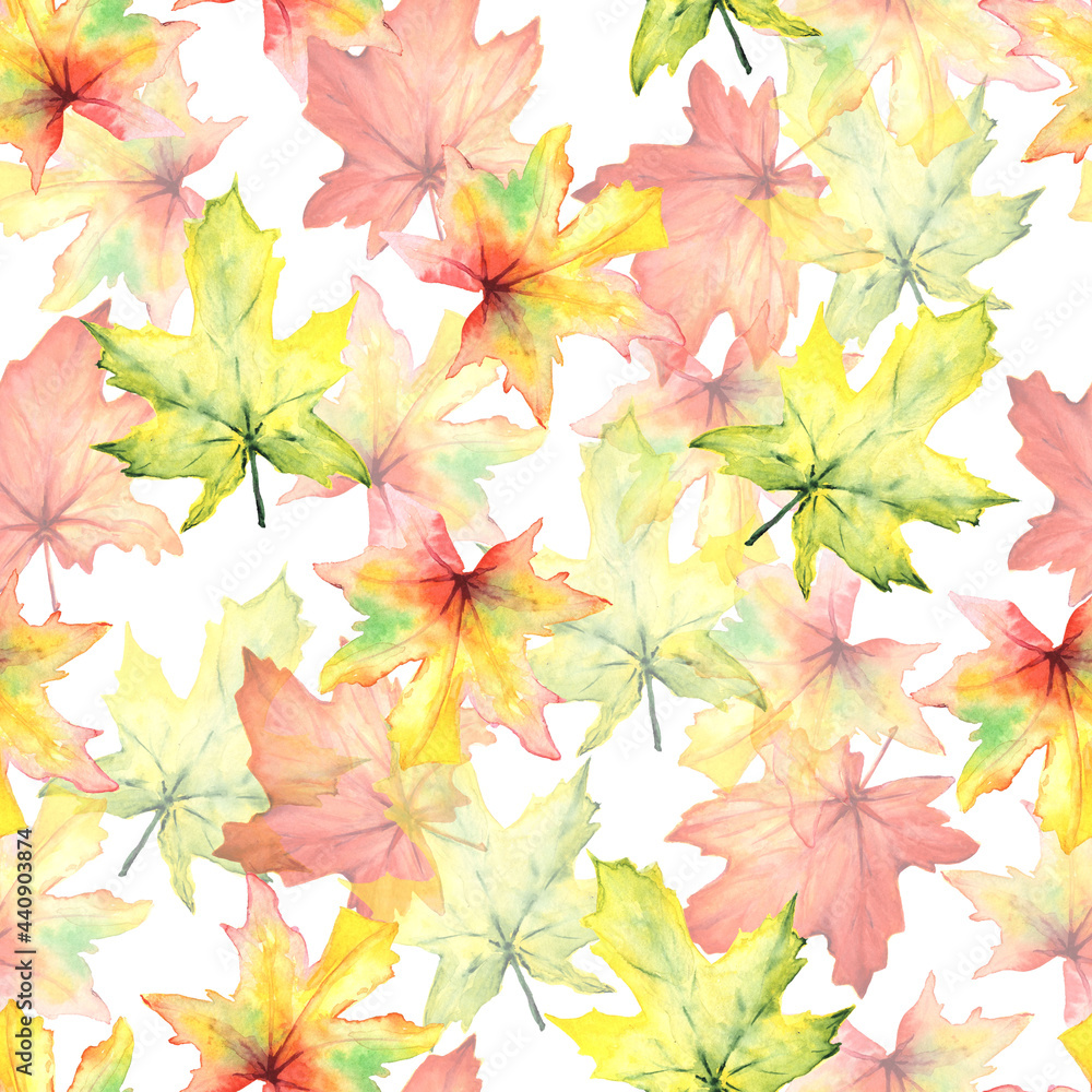 Watercolor seamless pattern with  autumn maple leaves. Fall background. Orange, yellow, red, green, pink leaves. Illustration for wallpaper, textile, gift paper, wrapping
