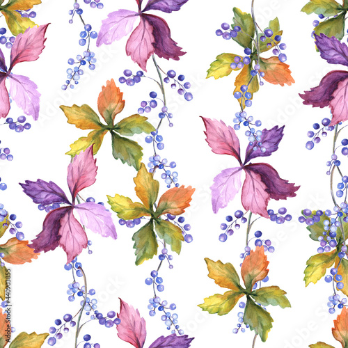 Fototapeta Naklejka Na Ścianę i Meble -  Watercolor seamless pattern with autumn leaves and wild grapes. Purple, orange, yellow, green fall leaves. Illustration for wallpaper, kitchen textiles, wrapping paper