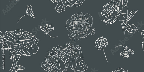 Cute floral seamless pattern with garden flowers on gray background. Floral background for printing on fabric, clothing, home textiles, wallpaper, gift wrapping. Line art.
