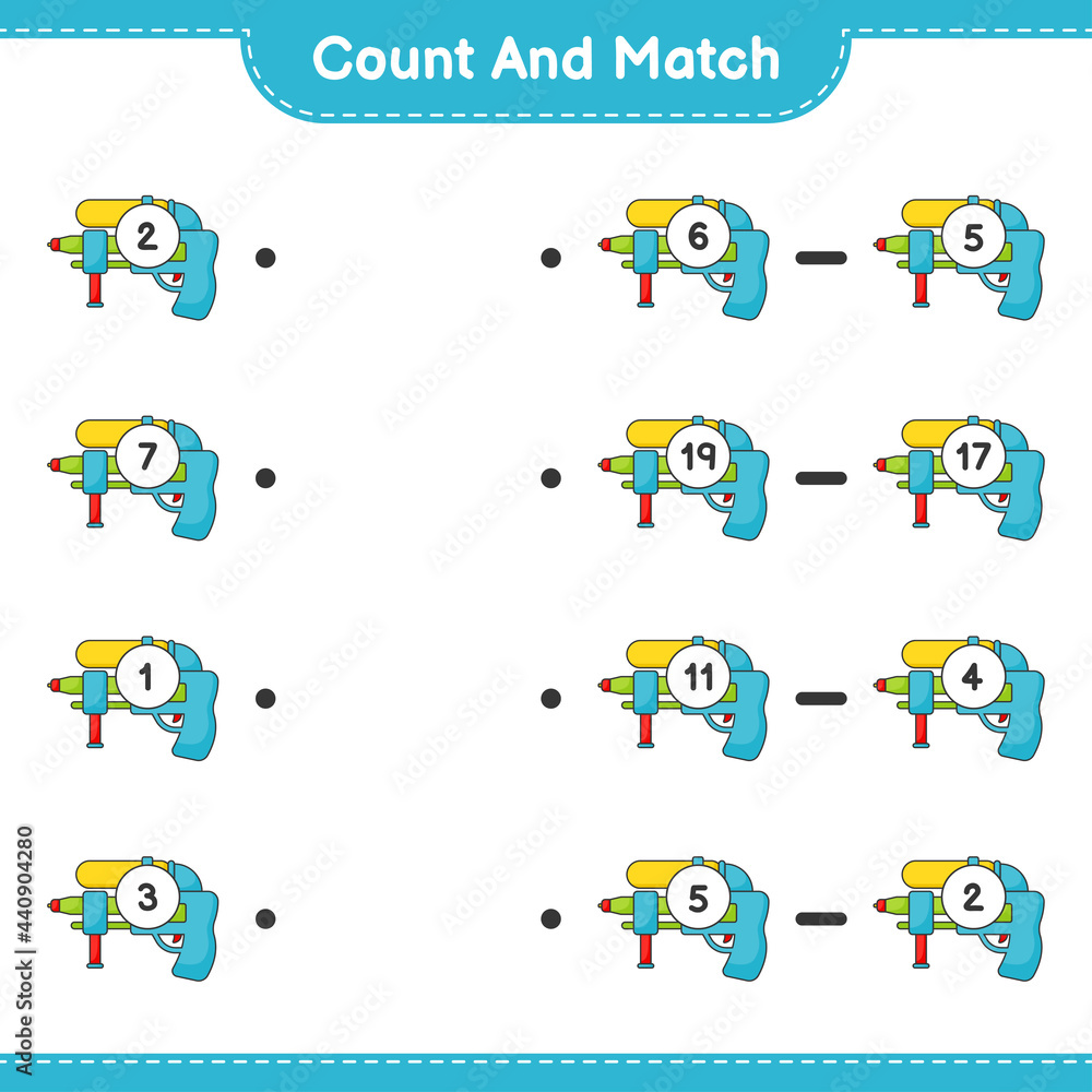 Obraz premium Count and match, count the number of Water Gun and match with the right numbers. Educational children game, printable worksheet, vector illustration