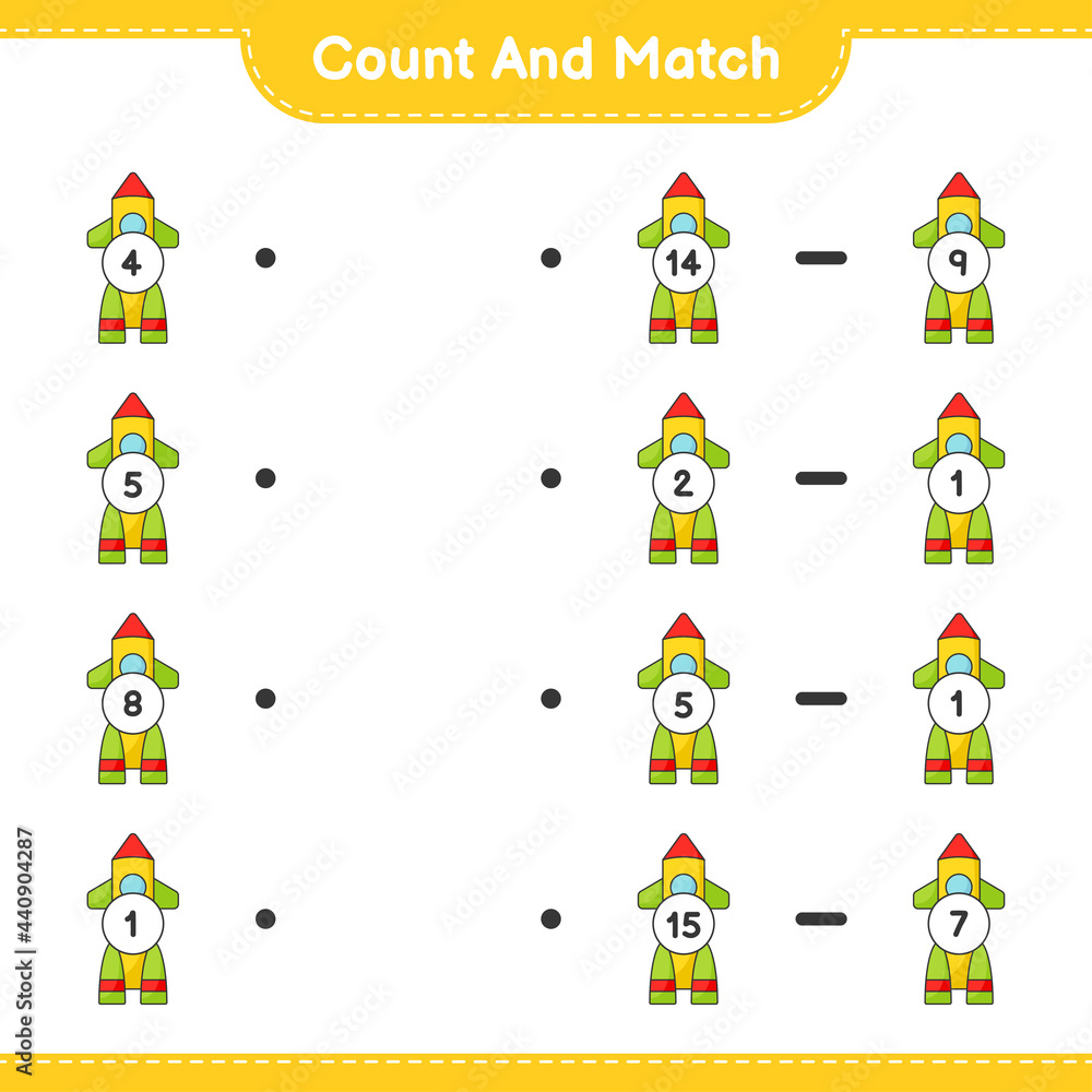 Fototapeta premium Count and match, count the number of Rocket and match with the right numbers. Educational children game, printable worksheet, vector illustration