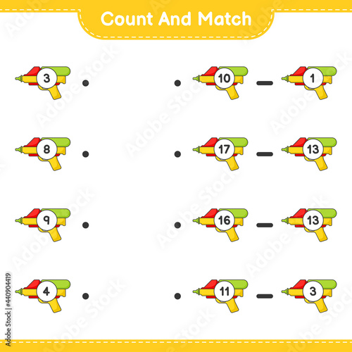 Count and match, count the number of Water Gun and match with the right numbers. Educational children game, printable worksheet, vector illustration