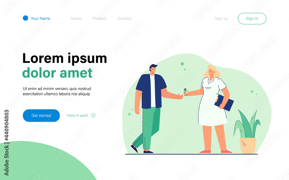 Cartoon doctor giving medicine to man. Flat vector illustration. Woman in white coat holding out tube or jar of pills to guy. Medicine, treatment, disease concept for banner design or landing page