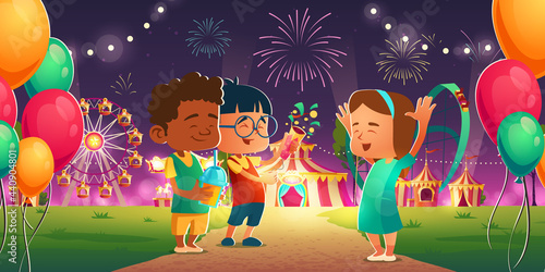 Kids in amusement park with circus, ferris wheel and roller coaster. Cheerful children friends visit night funfair with fireworks and balloons, carnival weekend entertainment, Cartoon illustration