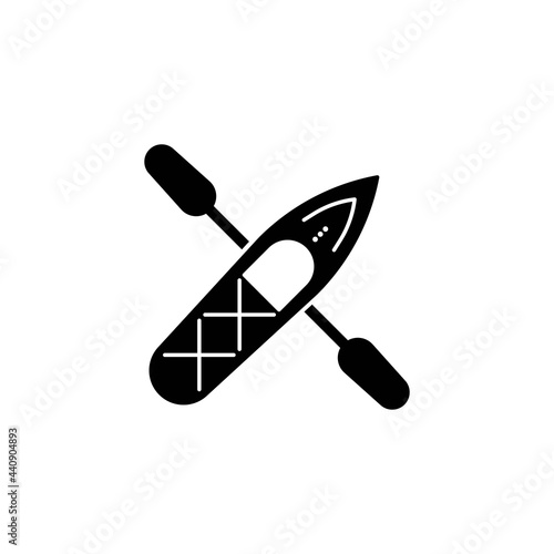 Kayak boat or canoe with a paddle solid black icon. Summer sport badge. Active lifestyle or vacation. Isolated symbol sign for: illustration, outline, logo, design, web, dev, ui, gui. Vector EPS 10