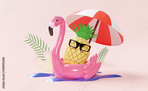 Inflatable flamingo with beach umbrella and pineapple  sunglasses isolated on pink background. concept 3d illustration or 3d render