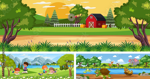 Fototapeta Naklejka Na Ścianę i Meble -  Outdoor panoramic landscape scenes set with cartoon character