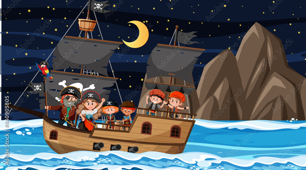 Obraz premium Ocean scene at night with Pirate kids on the ship