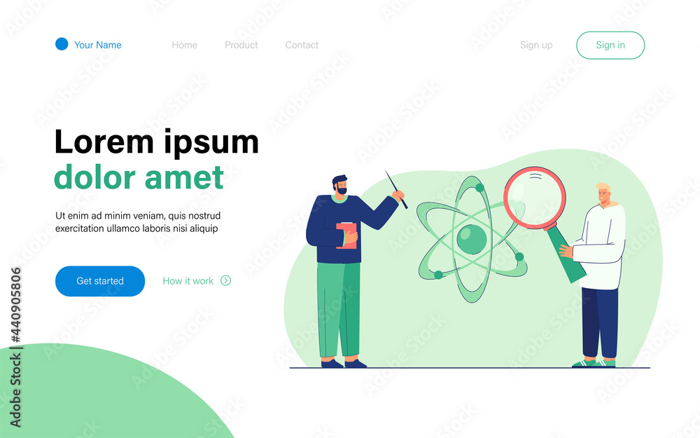 Student and teacher passionate about science. Flat vector illustration. Young man with giant magnifying glass, professor with pointer, atom model in background. Science, education, physics concept