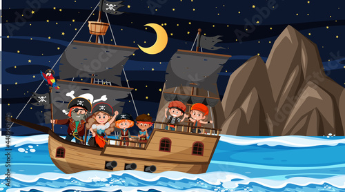 Ocean scene at night with Pirate kids on the ship