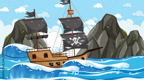 Ocean with Pirate ship at day time scene in cartoon style