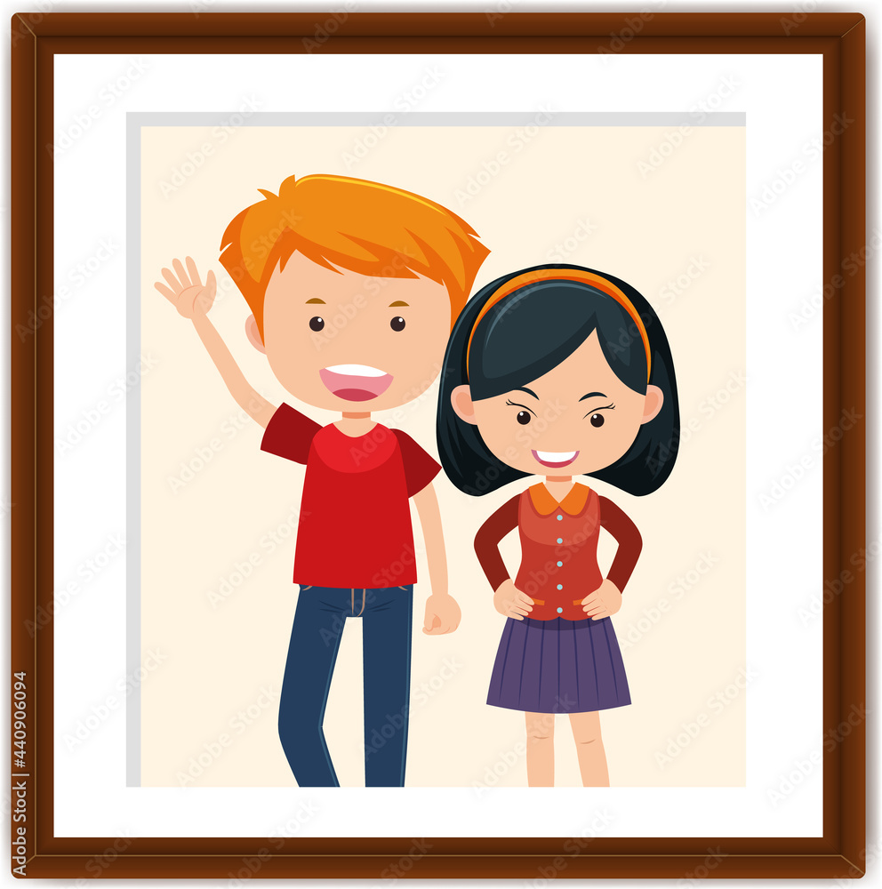 Cartoon character of boy and girl in a photo frame Cartoon character of boy and girl in a photo frame