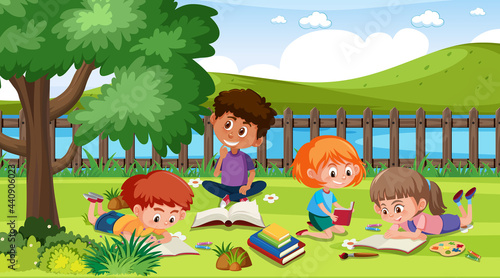 Scene with many children reading book in the park