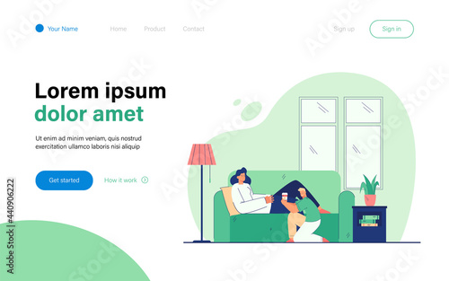 Son offering drink in disposable cup to mother. Caring child giving mom tea or coffee in plastic cup. Woman lying on sofa. Family care concept for banner, website or landing page