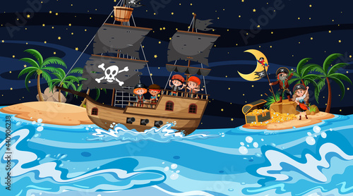 Treasure Island scene at night with Pirate kids on the ship