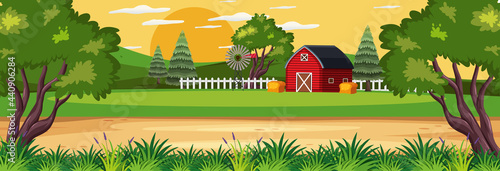 Farm horizontal landscape scene with red barn