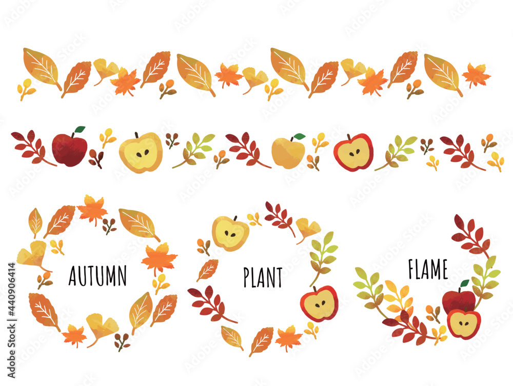 秋の葉っぱとリンゴとドングリのフレームとラインのベクターイラスト素材 紅葉 落ち葉 Stock Vector Adobe Stock