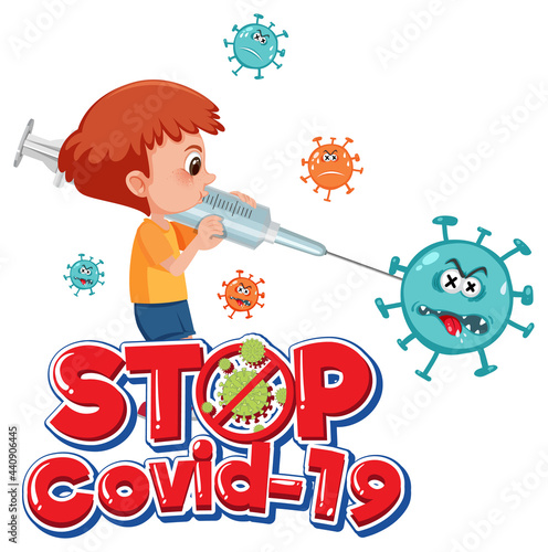 Stop Covid-19 logo or banner with cartoon character and covid-19 sign