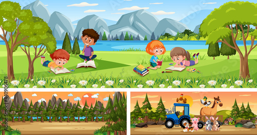 Set of different outdoor panoramic landscape scenes with cartoon character