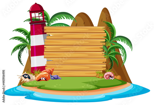 Blank banner template on the island with lighthouse isolated