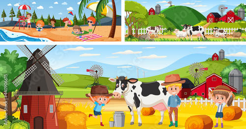Outdoor panoramic landscape scenes set with cartoon character