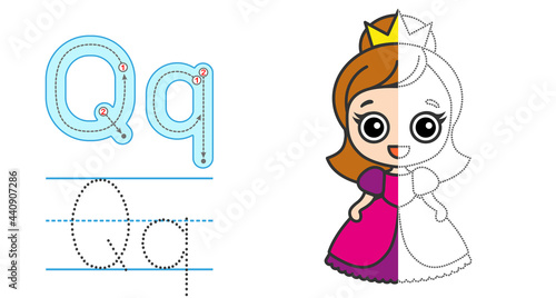 Trace the letter and picture and color it. Educational children tracing game. Coloring alphabet. Letter Q and funny Queen