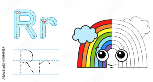 Trace the letter and picture and color it. Educational children tracing game. Coloring alphabet. Letter R and funny Rainbow