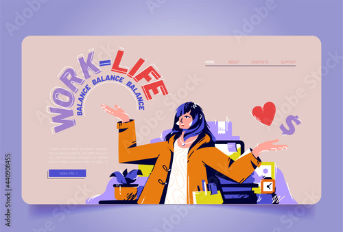Work and life balance cartoon landing page, businesswoman sitting at workplace solve dilemma choosing between career or family, difficult solution, home or office choice, Vector line art web banner