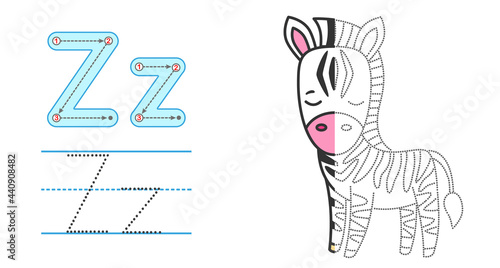 Trace the letter and picture and color it. Educational children tracing game. Coloring alphabet. Letter Z and funny Zebra