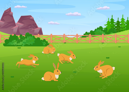 Cute rabbit characters running across field on farm. Small animals with long ears jumping around and sitting on green grass outside cartoon vector illustration. Easter, farming, wildlife concept
