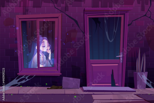 Haunted house with sad ghost sit in darkness behind of window. Scary abandoned old building exterior with dead woman spirit inside, cracked wall and door. Halloween spooky Cartoon vector illustration