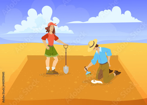 Man and woman excavating in desert. Cartoon vector illustration. Archaeologists with brush, shovel searching for dinosaur, ancient animal remains. Paleontology, archeology, dino, excavation concept