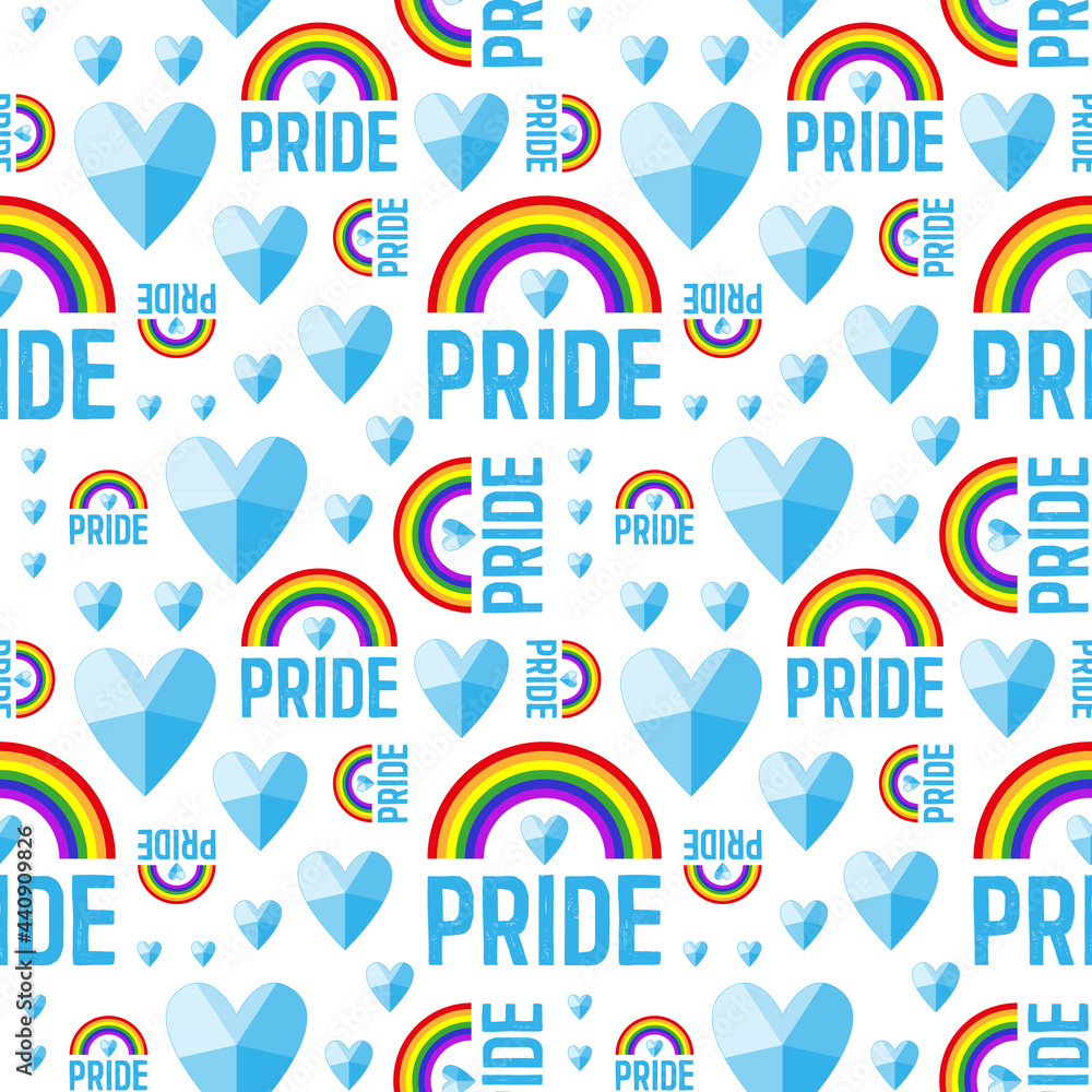 A pattern of words of pride and crystal hearts. Vector seamless pattern of the words pride. Pride of lesbian, gay, bisexual, transgender. On a white background. A symbol of the LGBT community. A pattern of words of pride and crystal hearts. Vector seamless pattern of the words pride. Pride of lesbian, gay, bisexual, transgender. On a white background. A symbol of the LGBT community.