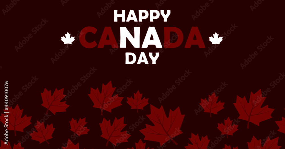 Background with maple leaves and text inscription Happy Canada Day. july 1st